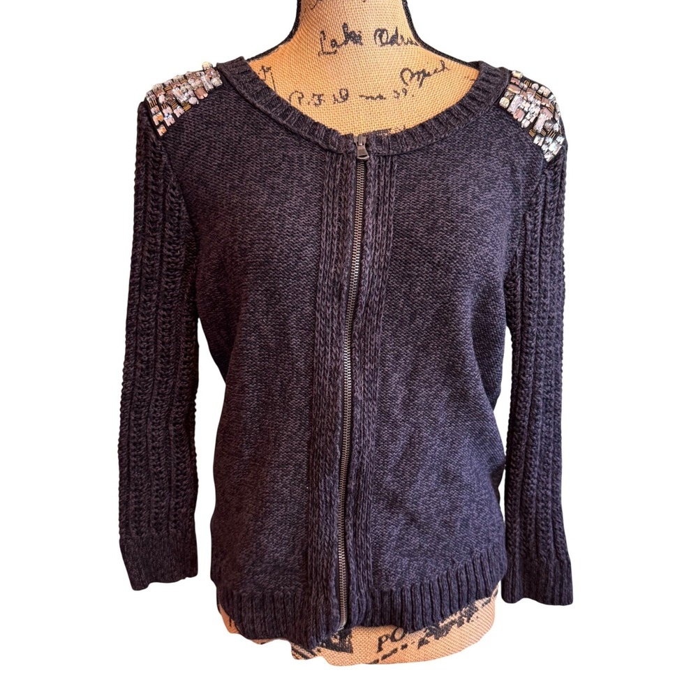 American‎ Eagle Womens Embellished Shoulder Knit Full Zip Sweater Gray Large